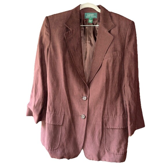 Vintage Lauren Ralph Lauren Brown Linen Silk Blazer Jacket Womens 14 Old Money - Picture 1 of 16